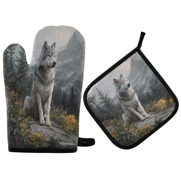 2PCS Pot Holders and Oven Mitts Sets Cooking Gloves Kitchen Gloves Heat-Resistant Non-Slip for Baking Cooking Gray Wolf