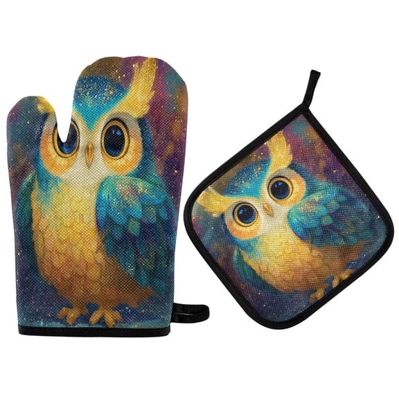 2PCS Pot Holders and Oven Mitts Sets Cooking Gloves Kitchen Gloves Heat-Resistant Non-Slip for Baking Cooking Green Owl Pattern