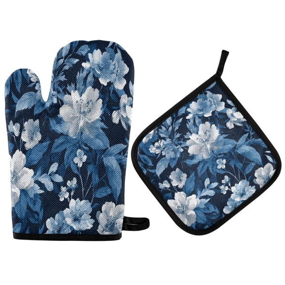 2PCS Pot Holders and Oven Mitts Sets Cooking Gloves Kitchen Gloves Heat-Resistant Non-Slip for Baking Cooking Indigo Blue Ink Wash