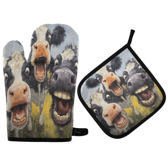 2PCS Pot Holders and Oven Mitts Sets Cooking Gloves Kitchen Gloves Heat-Resistant Non-Slip for Baking Cooking Laughing Cows