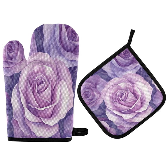 2PCS Pot Holders and Oven Mitts Sets Cooking Gloves Kitchen Gloves Heat-Resistant Non-Slip for Baking Cooking Lavender Roses