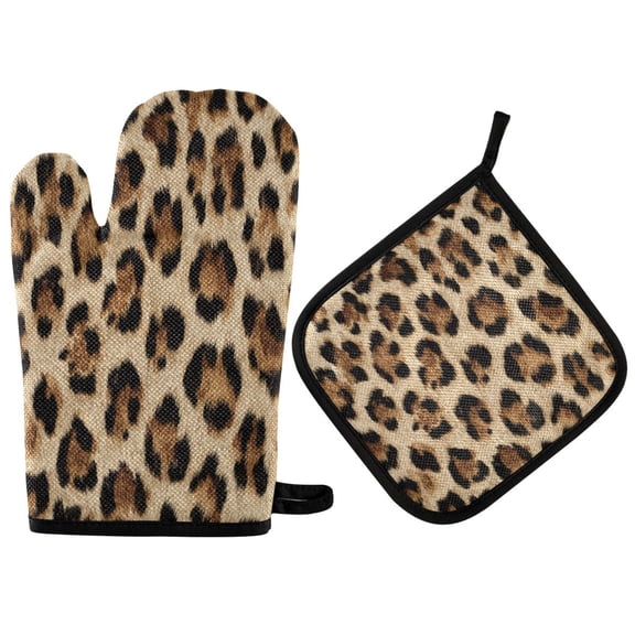 2PCS Pot Holders and Oven Mitts Sets Cooking Gloves Kitchen Gloves Heat-Resistant Non-Slip for Baking Cooking Leopard Pattern