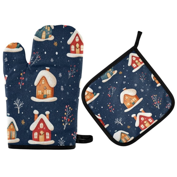 2PCS Pot Holders and Oven Mitts Sets Cooking Gloves Kitchen Gloves Heat-Resistant Non-Slip for Baking Cooking Lovely Little House