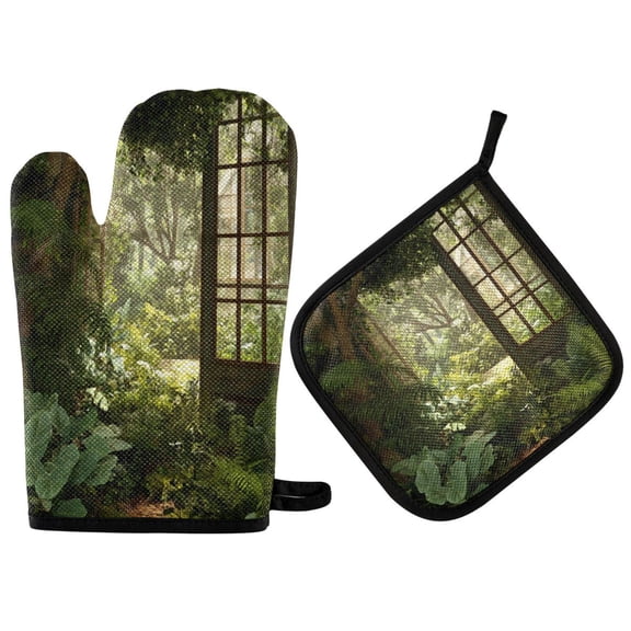 2PCS Pot Holders and Oven Mitts Sets Cooking Gloves Kitchen Gloves Heat-Resistant Non-Slip for Baking Cooking Lush Green Garden Window