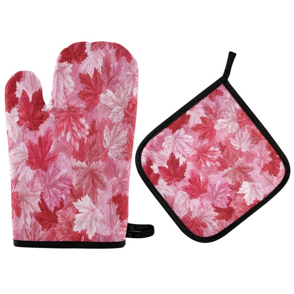 2PCS Pot Holders and Oven Mitts Sets Cooking Gloves Kitchen Gloves Heat-Resistant Non-Slip for Baking Cooking Maple Leaf