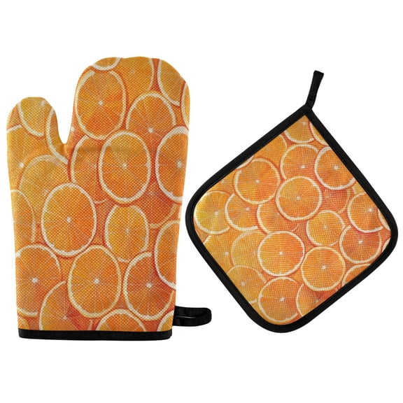 2PCS Pot Holders and Oven Mitts Sets Cooking Gloves Kitchen Gloves Heat-Resistant Non-Slip for Baking Cooking Orange Sliced Orange