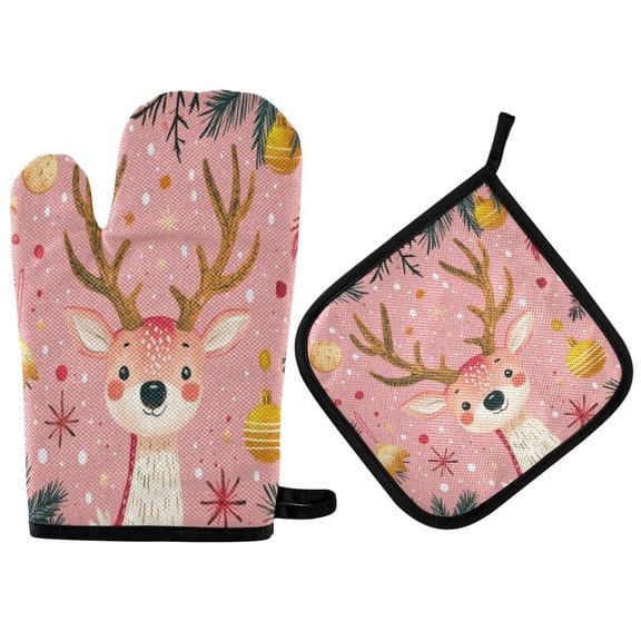 2PCS Pot Holders and Oven Mitts Sets Cooking Gloves Kitchen Gloves Heat-Resistant Non-Slip for Baking Cooking Pink Christmas Cute Deer