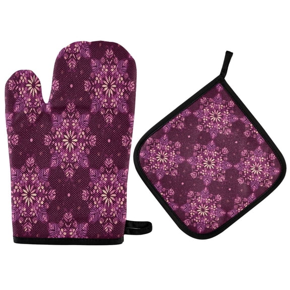 2PCS Pot Holders and Oven Mitts Sets Cooking Gloves Kitchen Gloves Heat-Resistant Non-Slip for Baking Cooking Plum Purple Geometric Blooms