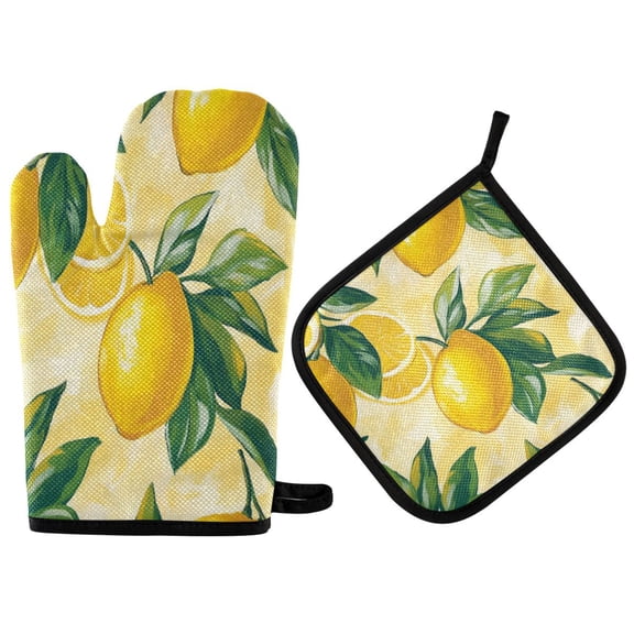 2PCS Pot Holders and Oven Mitts Sets Cooking Gloves Kitchen Gloves Heat-Resistant Non-Slip for Baking Cooking Pretty Yellow Lemon