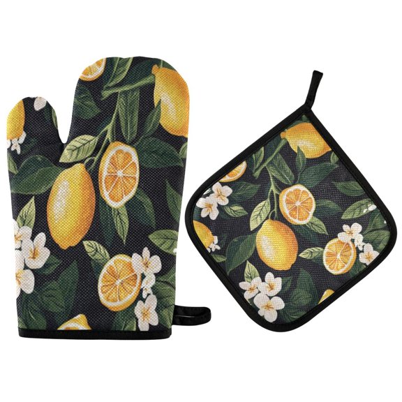 2PCS Pot Holders and Oven Mitts Sets Cooking Gloves Kitchen Gloves Heat-Resistant Non-Slip for Baking Cooking Pretty Yellow Lemons and Flowers