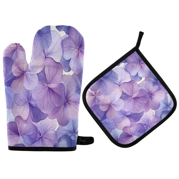 2PCS Pot Holders and Oven Mitts Sets Cooking Gloves Kitchen Gloves Heat-Resistant Non-Slip for Baking Cooking Purple Hydrangea
