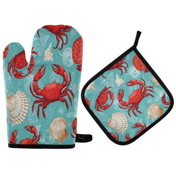 2PCS Pot Holders and Oven Mitts Sets Cooking Gloves Kitchen Gloves Heat-Resistant Non-Slip for Baking Cooking Red Crabs and White Shells