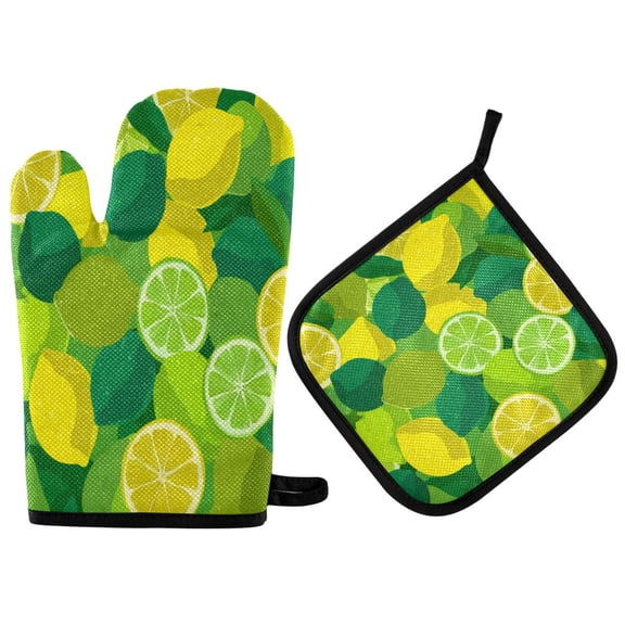 2PCS Pot Holders and Oven Mitts Sets Cooking Gloves Kitchen Gloves Heat-Resistant Non-Slip for Baking Cooking Seamless Lemon
