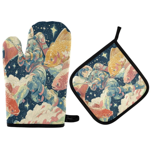 2PCS Pot Holders and Oven Mitts Sets Cooking Gloves Kitchen Gloves Heat-Resistant Non-Slip for Baking Cooking Space Suit Anime