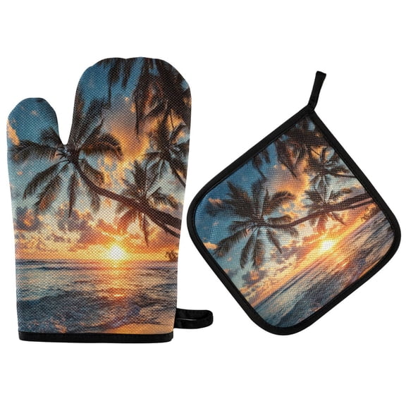 2PCS Pot Holders and Oven Mitts Sets Cooking Gloves Kitchen Gloves Heat-Resistant Non-Slip for Baking Cooking Sunset Beach Palm Trees