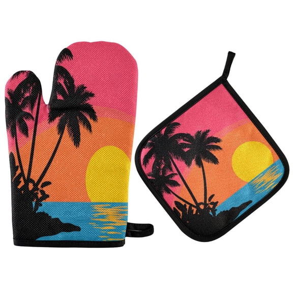 2PCS Pot Holders and Oven Mitts Sets Cooking Gloves Kitchen Gloves Heat-Resistant Non-Slip for Baking Cooking Sunset Coconut