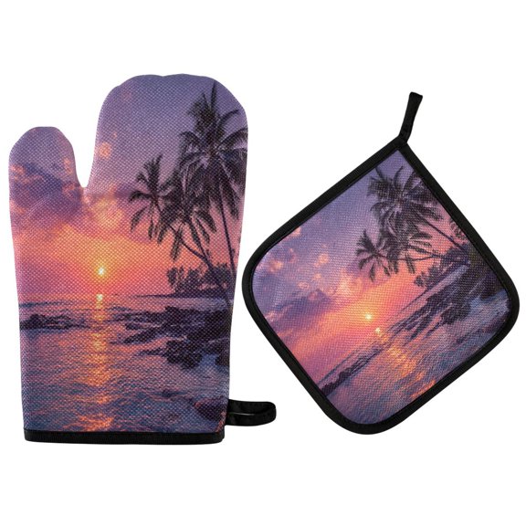 2PCS Pot Holders and Oven Mitts Sets Cooking Gloves Kitchen Gloves Heat-Resistant Non-Slip for Baking Cooking Sunset at The Seaside