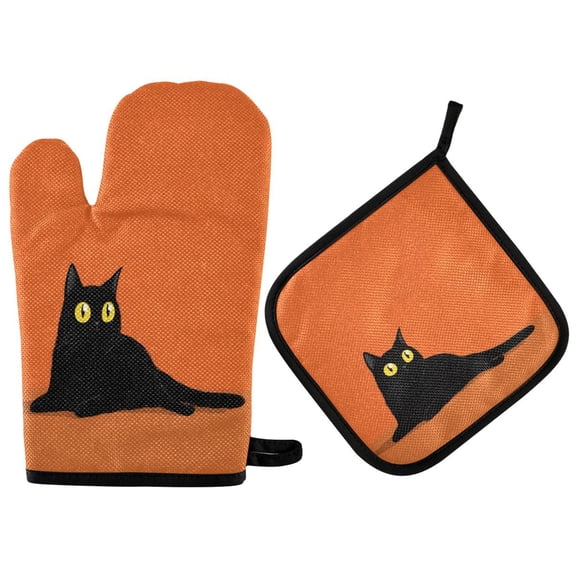 2PCS Pot Holders and Oven Mitts Sets Cooking Gloves Kitchen Gloves Heat-Resistant Non-Slip for Baking Cooking The Black Cat