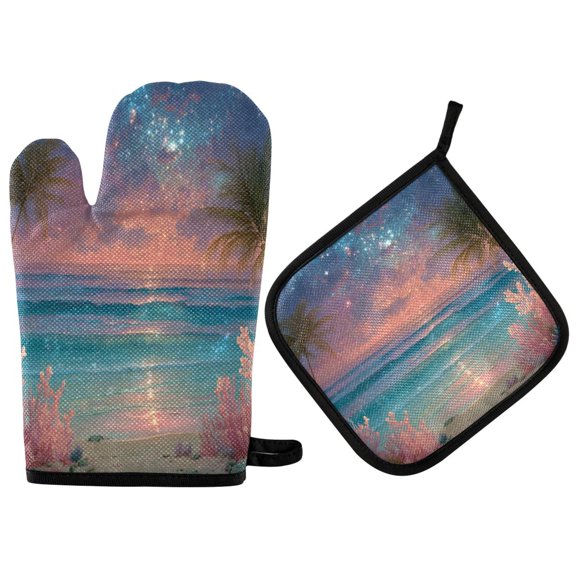 2PCS Pot Holders and Oven Mitts Sets Cooking Gloves Kitchen Gloves Heat-Resistant Non-Slip for Baking Cooking Tropical Beach Sunset