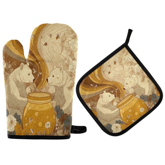 2PCS Pot Holders and Oven Mitts Sets Cooking Gloves Kitchen Gloves Heat-Resistant Non-Slip for Baking Cooking Two Bears