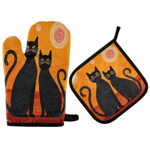 2PCS Pot Holders and Oven Mitts Sets Cooking Gloves Kitchen Gloves Heat-Resistant Non-Slip for Baking Cooking Two Black Cats Silhouette