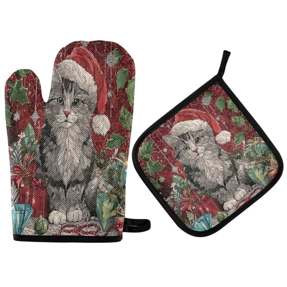 2PCS Pot Holders and Oven Mitts Sets Cooking Gloves Kitchen Gloves Heat-Resistant Non-Slip for Baking Cooking Warm Christmas Black Cat
