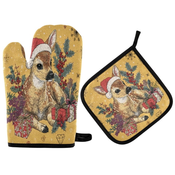2PCS Pot Holders and Oven Mitts Sets Cooking Gloves Kitchen Gloves Heat-Resistant Non-Slip for Baking Cooking Warm Christmas Cute Deer