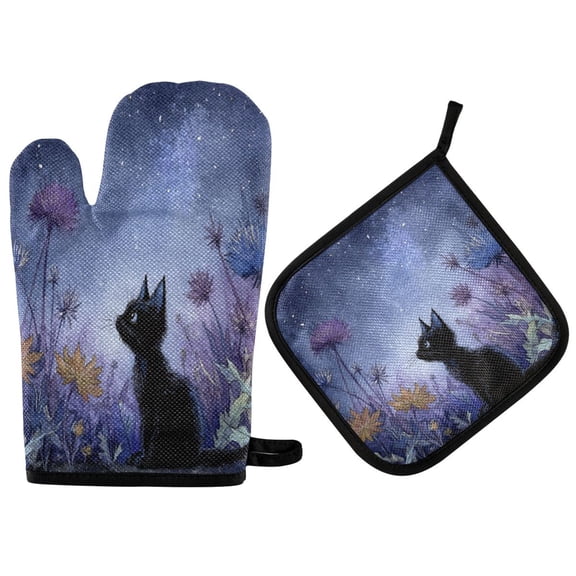 2PCS Pot Holders and Oven Mitts Sets Cooking Gloves Kitchen Gloves Heat-Resistant Non-Slip for Baking Cooking Watercolor Black Cat