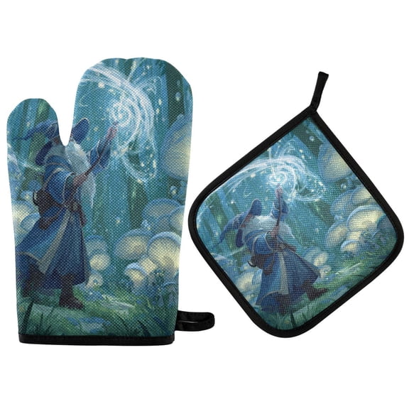 2PCS Pot Holders and Oven Mitts Sets Cooking Gloves Kitchen Gloves Heat-Resistant Non-Slip for Baking Cooking Wizard Casting Forest Magic