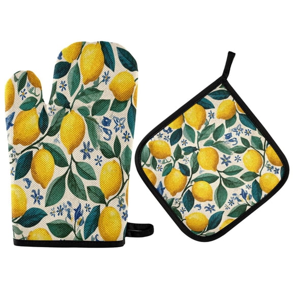 2PCS Pot Holders and Oven Mitts Sets Cooking Gloves Kitchen Gloves Heat-Resistant Non-Slip for Baking Cooking Yellow Lemon Seamless