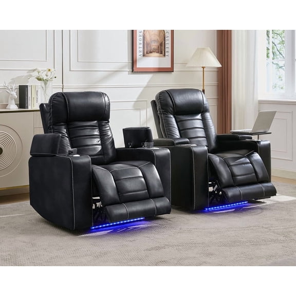 2PCS Power Zero Gravity Recliner with Adjustable Headrest,Wireless Charger,USB/Type-C Port,LED Light,Storage Console,Cup Holder,Swivel Tray Table,Faux Leather Electric Reclining Chair Set of 2,Black