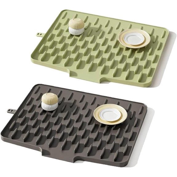2PCS Premium Silicone Flow-guiding Style Kitchen Drying Mat with Straps - Sloped Drainage Pad for Drying Dishes, Fruits, and Vegetables, Non-Slip Countertop Protector (Green+Gray)