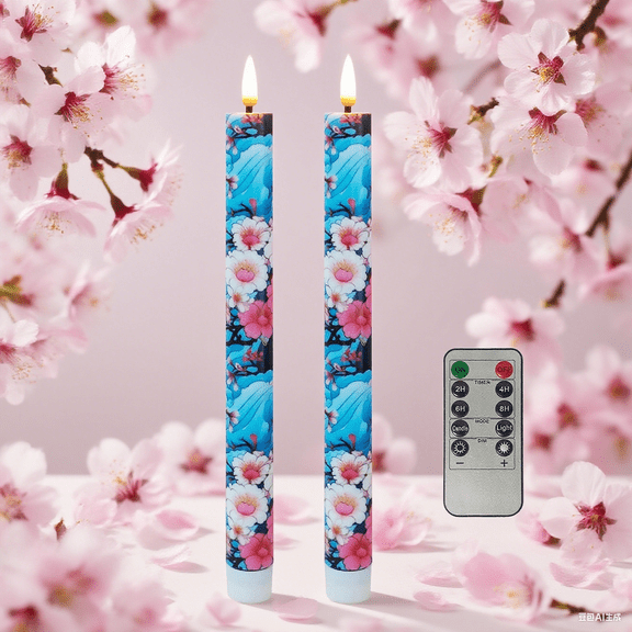 2PCS Printed Flameless Taper Candles with Classic Japanese Pattern Elements, 10 Inch LED Candlesticks Battery Operated with 10-Key Remote for Wedding Party Home Decor Gifts