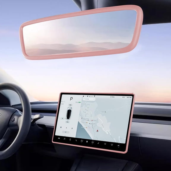 2PCS Protector Trim Frame Compatible with Tesla Model 3 Y 2020-2024 2025 2026 Screen Edge Frame Rearview Mirror Cover Interior Decorations Center Console Decor Highland Juniper Accessories Set (Pink)