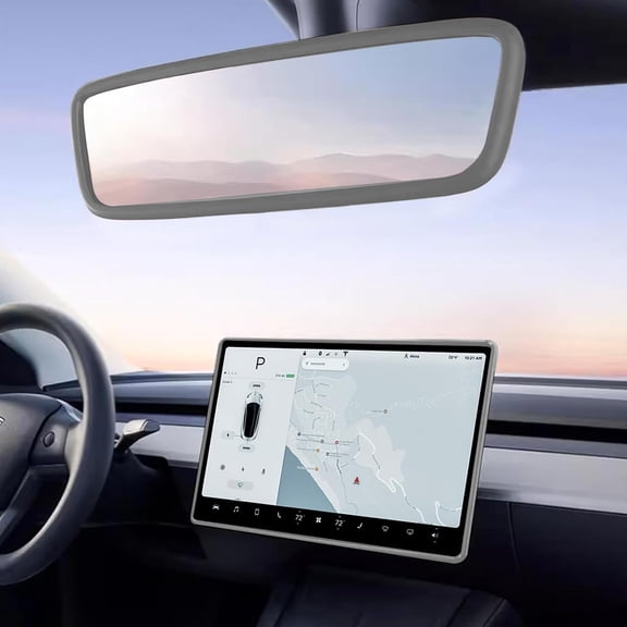 2PCS Protector Trim Frame Compatible with Tesla Model 3 Y 2020-2024 2025 2026 Screen Edge Frame Rearview Mirror Cover Interior Decorations Center Console Decor Highland Juniper Accessories Set(Gray)