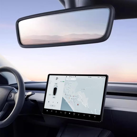 2PCS Protector Trim Frame Compatible with Tesla Model 3 Y 2020-2024 2026 Screen Edge Frame Rearview Mirror Cover Interior Silicone Decorations Center Console Decor Highland Juniper Accessories(Black)