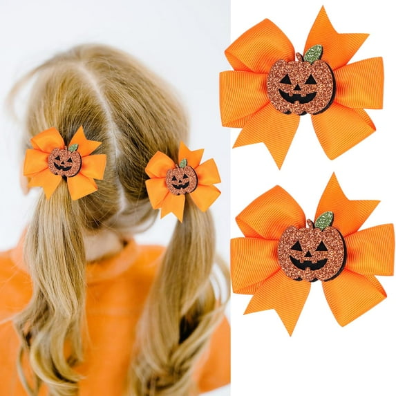 2PCS Pumpkin Hair Bows Clips, Kids Girls Halloween Hair Accessories, Headdress Glitter Bows Clips Hairgrips, Hair Barrette for Halloween Cosplay Costume Party Decorations