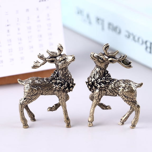 2PCS Pure Copper Deer Sculpture Ornaments Solid Brass Deer Miniature Figurines