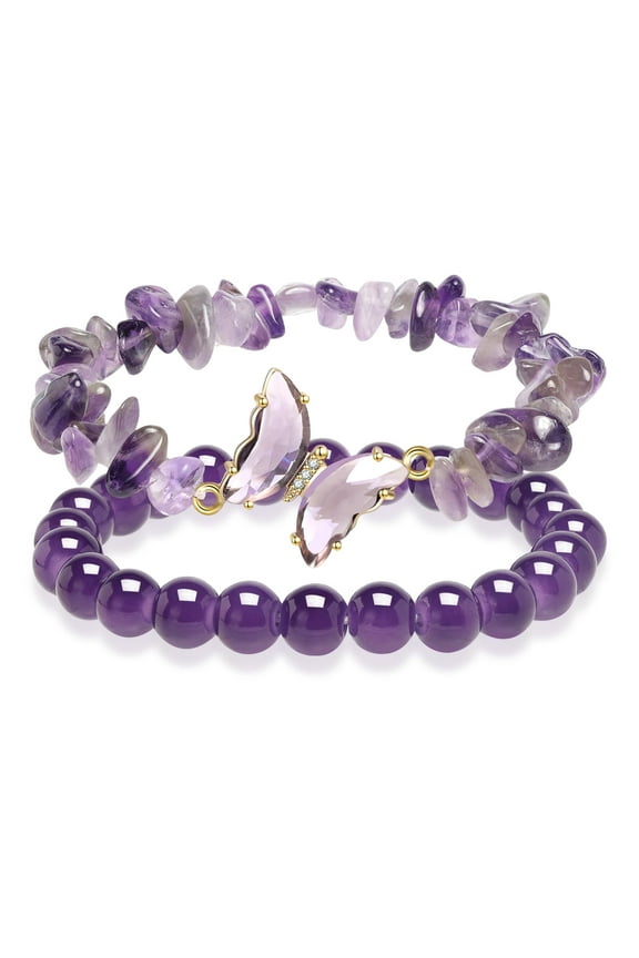 2PCS Purple Butterfly Bracelets for Women, Natural Amethyst Healing Charm Jewelry Birthday Gift for Her
