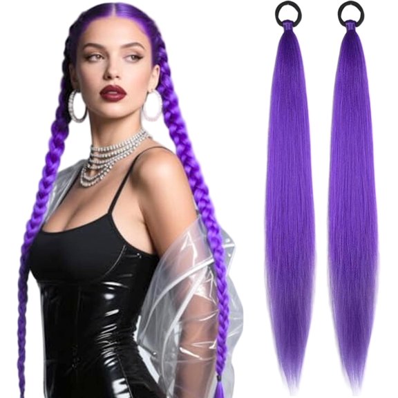 2PCS Purple Hair Extensions 26 inch Straight Braided Ponytail Extension with Elastic Tie for Women Girls
