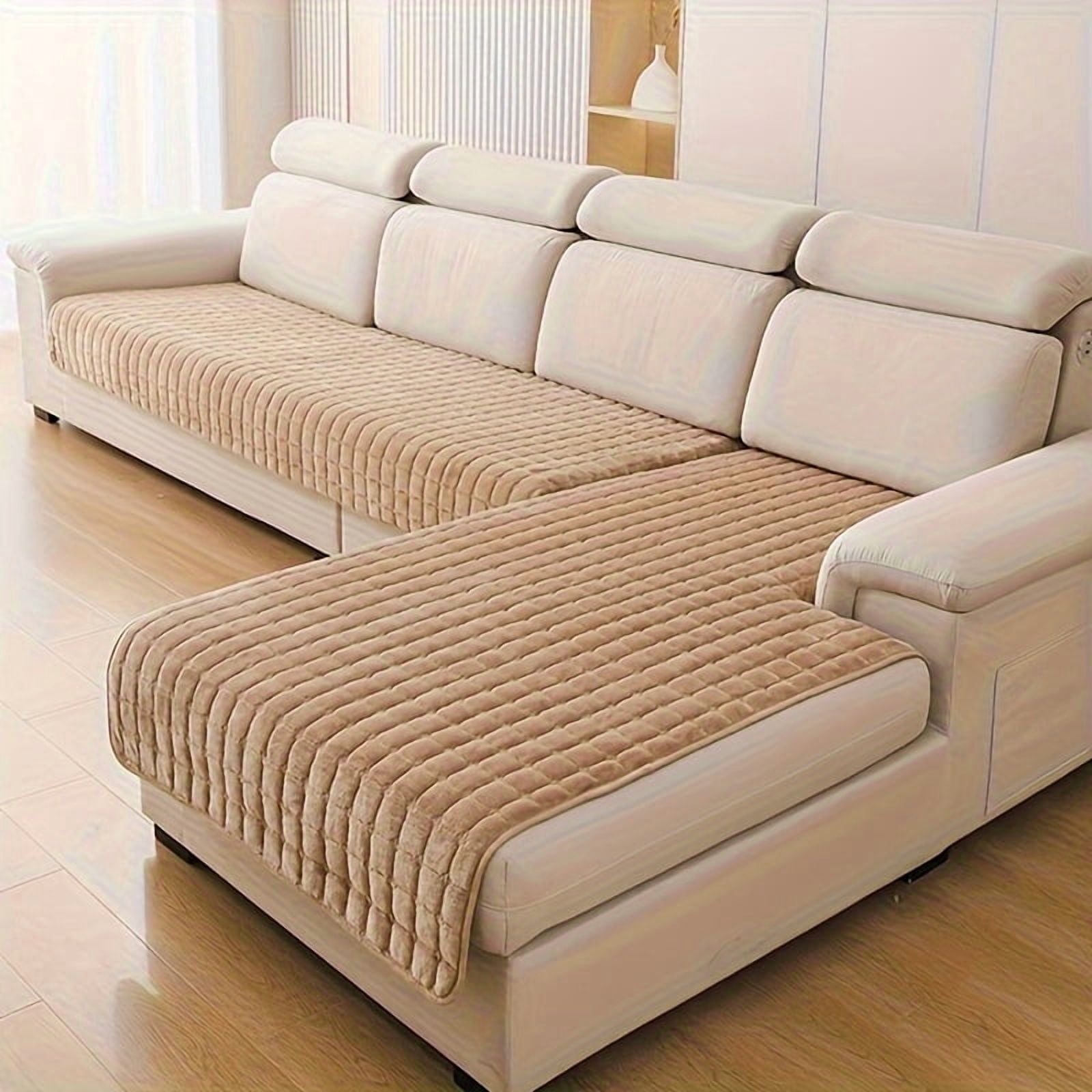 2PCS Quilted Flannel Velvet Sofa Cover, 35"x63"+35"x82" Size, Non Slip Fuzzy Pet Couch Covers for 3 / 4 Cushion Sofa Slipcovers Cushion Protector - Khaki