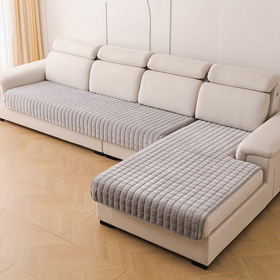 2PCS Quilted Flannel Velvet Sofa Cover, 35"x63"+35"x82" Size, Non Slip Fuzzy Pet Couch Covers for 3 / 4 Cushion Sofa Slipcovers Cushion Protector - Lightgray