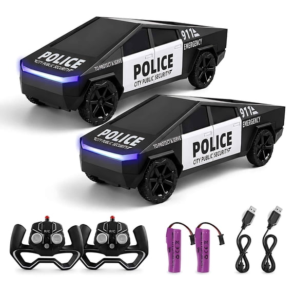2PCS RC Cybertruck Police Pickup Set, 1:24 Scale 4WD Electric RC Truck with LED Lights, High-Speed All Terrain Remote Control Vehicles for Kids