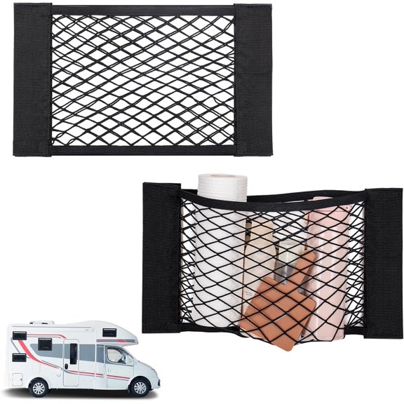2PCS RV Cargo Storage Mesh Net, Elastic Stretchable Netting Pocket with 4 Adhesive Strip Wall Sticker for SUV, Truck(17.7 x 9.5 Inch)