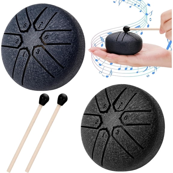 2PCS Rain Drum for Outside, Steel Tongue Chime, 3 Inch 6 Notes Hand Drums, Mini Handpan Percussion Instrument Musical Education Entertainment Meditation Yoga Zen (Black, Dark Blue)