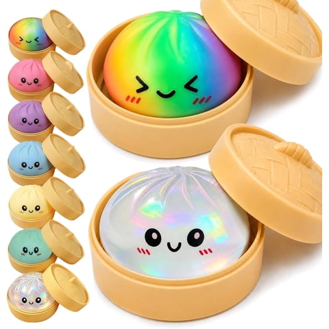 2PCS Rainbow Dumpling Squishies with Food Steamer,Sparkly Squeeze Dough Fidget Sensory Stress Balls,Hand Desk Toys for Stress Relief Squishies Dumpling Gifts,Rainbow&Clear