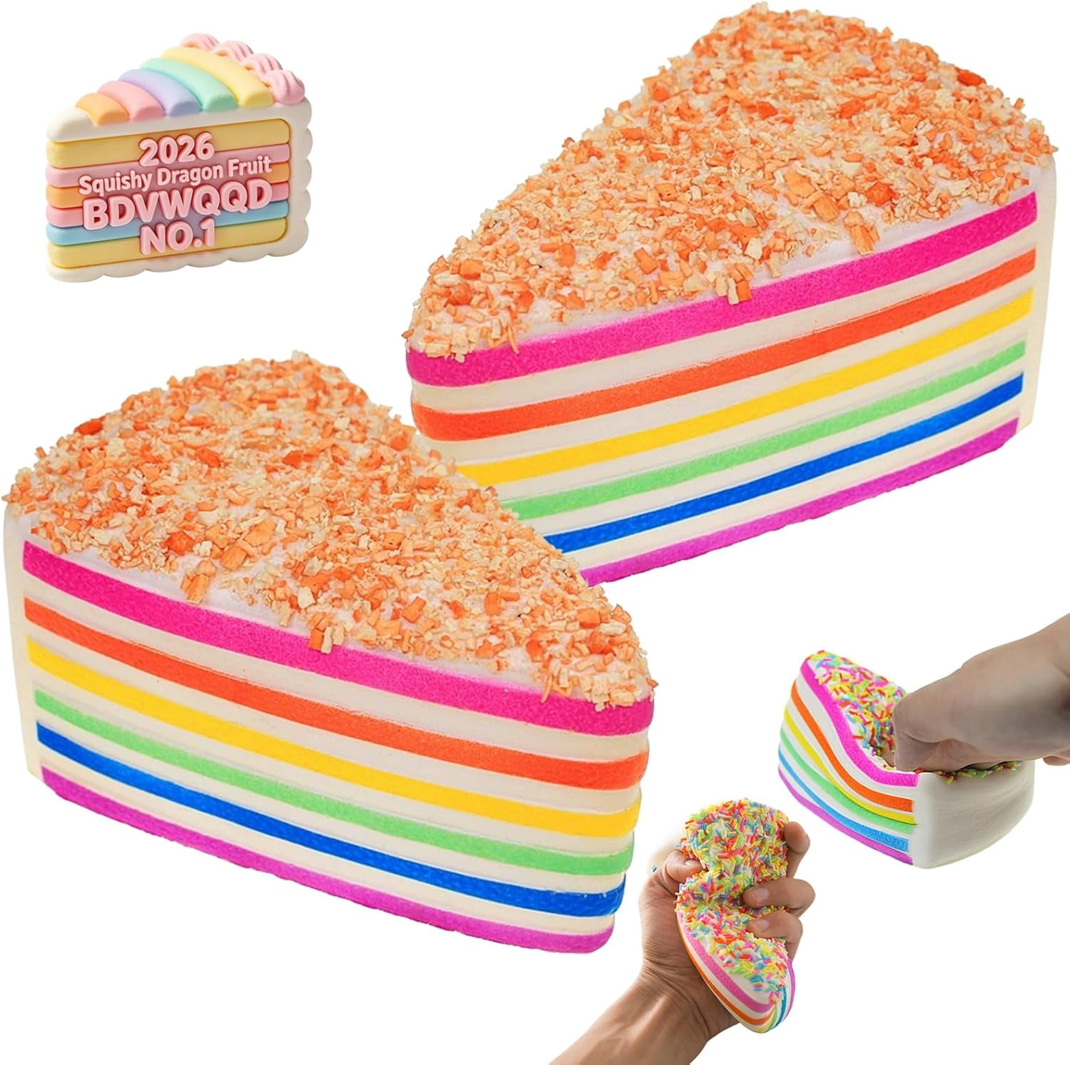 2PCS Rainbow Layer Cake Squishies, Birthday Cakes Squishy Slow Rise Toys Jumbo Fidget Squeeze Stress Ball, Soft Sensory Decompression for Anxiety Stress Relief