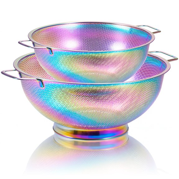2PCS Rainbow Strainer for Kitchen, 3QT and 5QT, Stainless Steel Colander with Handle for Fruits Vegetables Cooking Food, Dishwasher Safe Y101