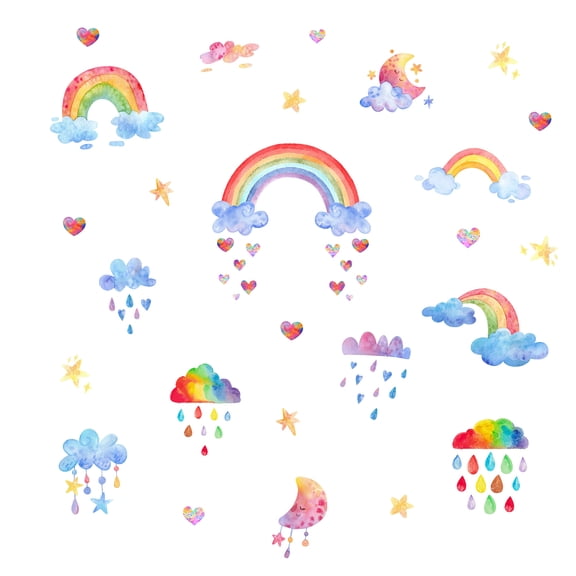 2PCS Rainbow Wall Decals Cloud Cartoon Weather Wall Sticker Watercolor Star Moon Wall Sticker Heart Rain Vinyl Girls Room DIY Decorations DIY