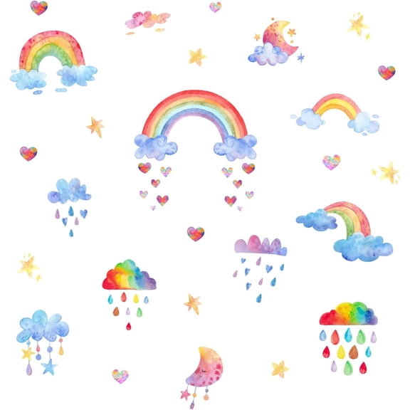 2PCS Rainbow Wall Decals Cloud Cartoon Weather Wall Sticker Watercolor Star Moon Wall Sticker Heart Rain Vinyl Girls Room DIY Decorations
